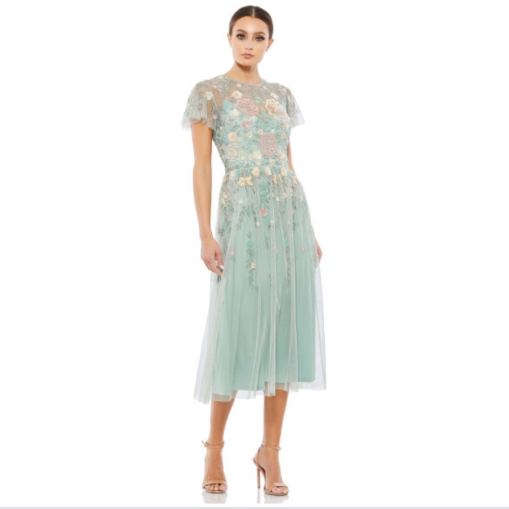 Mac Duggal Mint Seafoam Floral Embroidered Applique Tulle Midi Dress - Size US12